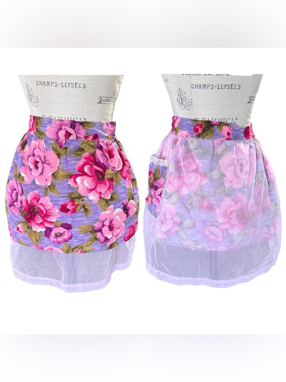 Vintage Reversible Handmade Floral Apron Pink Purple White Green Sheer Panel
